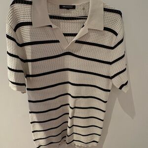 Karl Lagerfeld Black and Cream Striped Polo Top